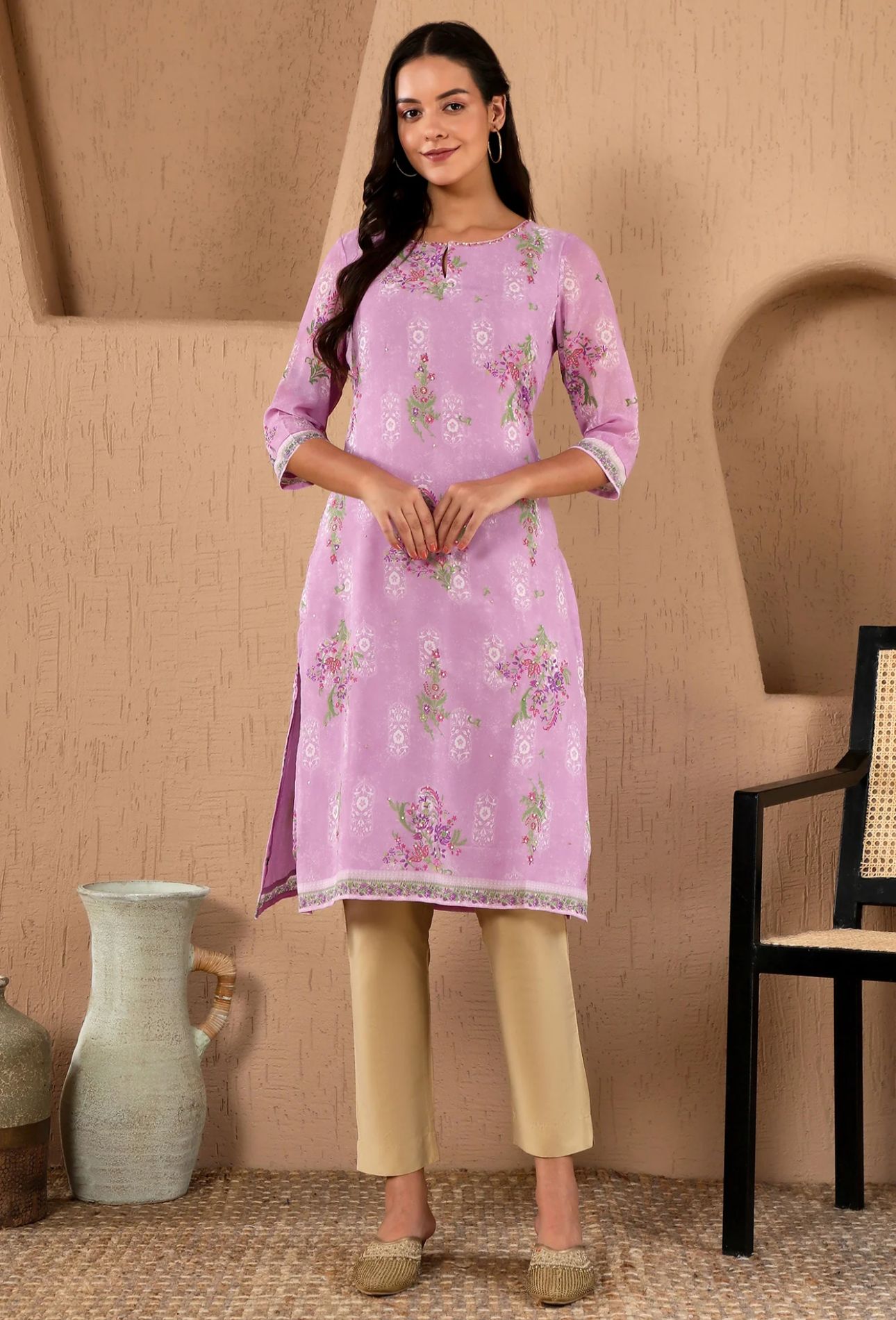 Lavender Floral Printed Metallic Sequined Organza Festive Straight Kurta in Berlin