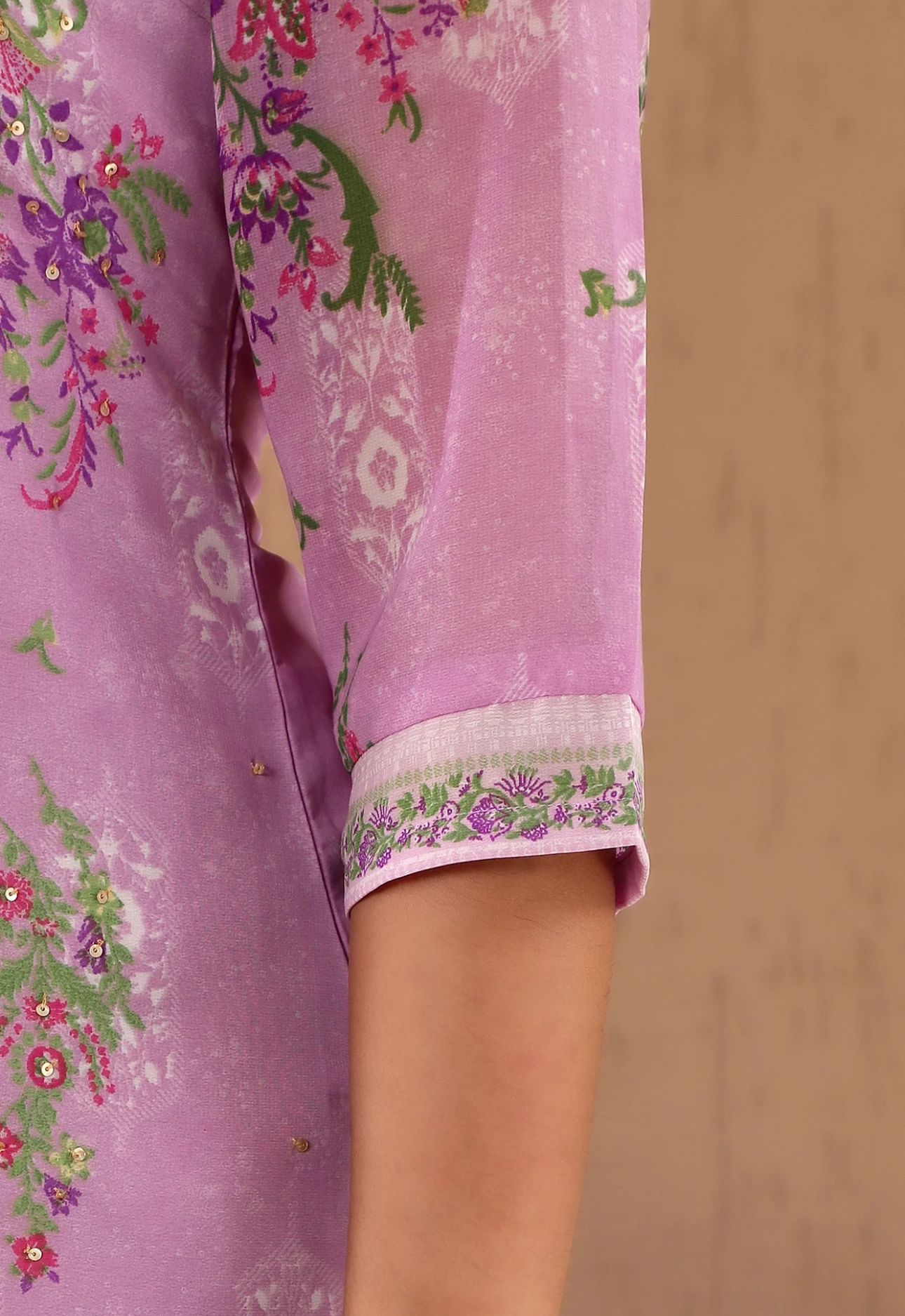 Lavender Floral Printed Metallic Sequined Organza Festive Straight Kurta in Berlin