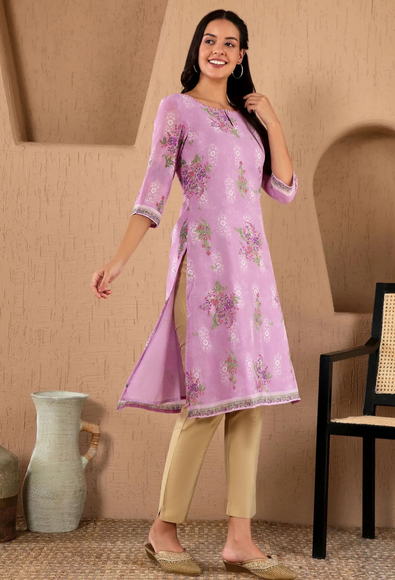 Lavender Floral Printed Metallic Sequined Organza Festive Straight Kurta in Berlin