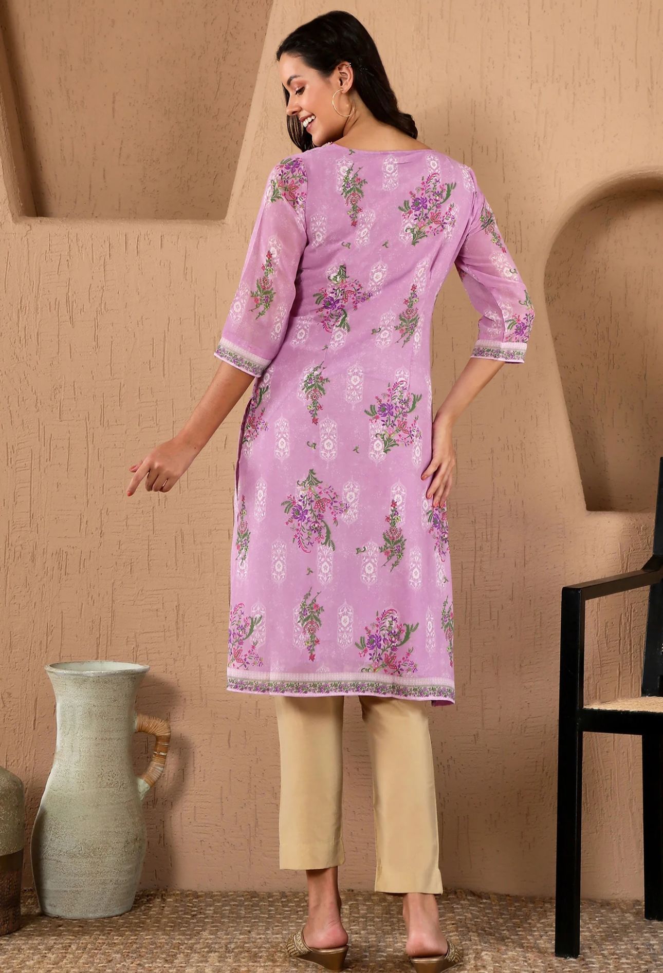 Lavender Floral Printed Metallic Sequined Organza Festive Straight Kurta in Berlin