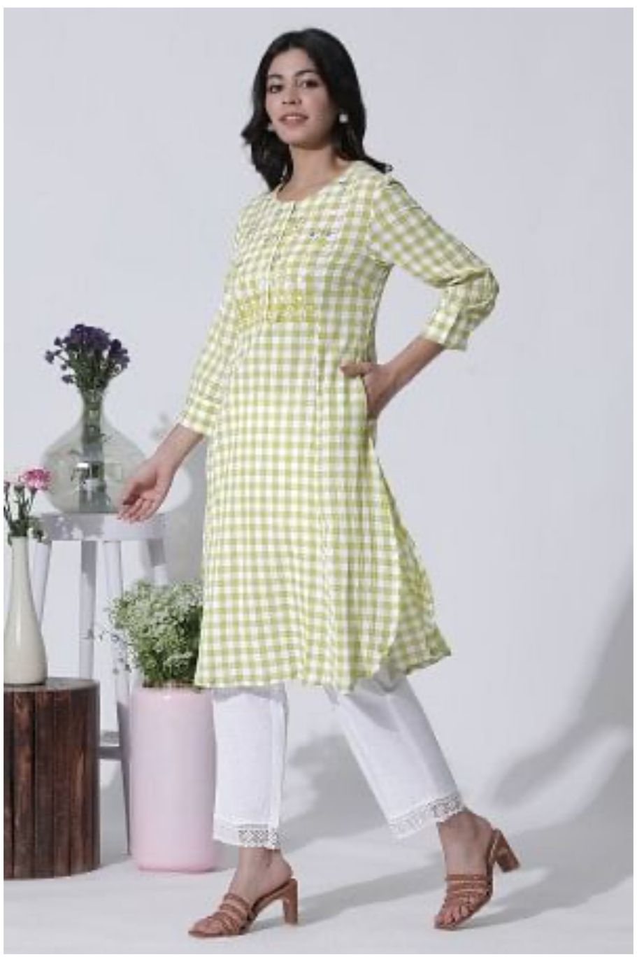 White & Green Checker Cotton Kurta in Germany