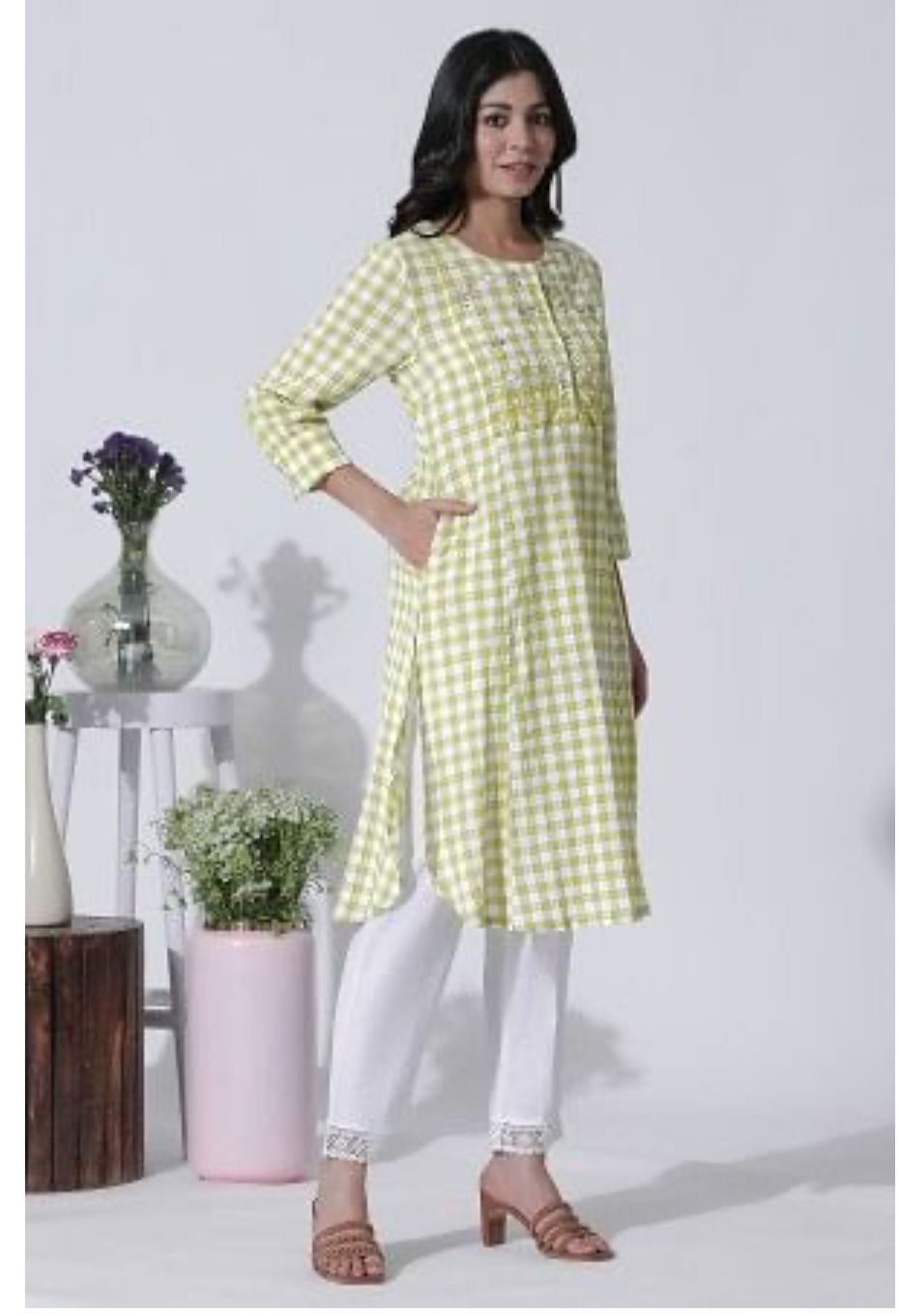White & Green Checker Cotton Kurta in Germany