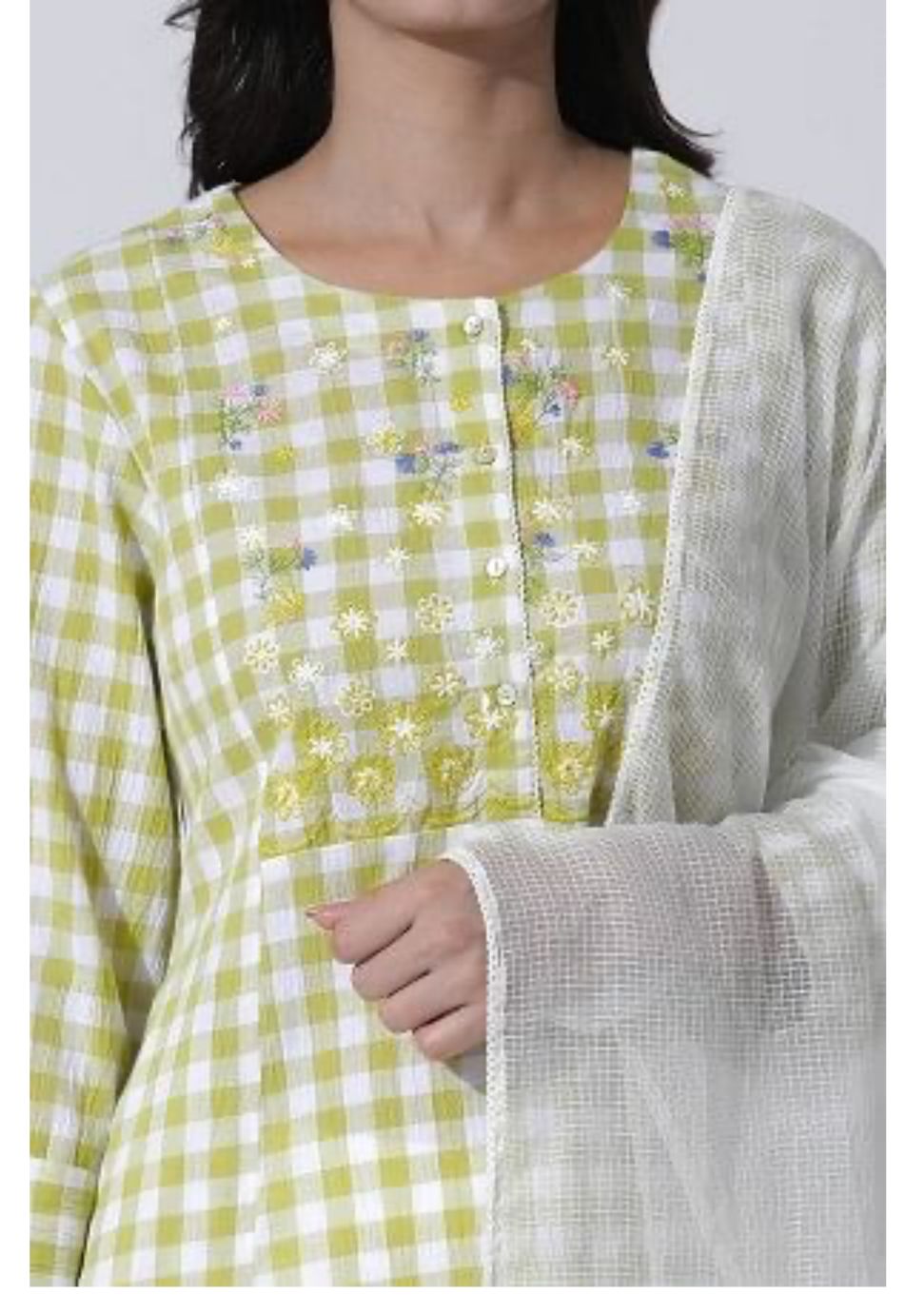 White & Green Checker Cotton Kurta in Germany