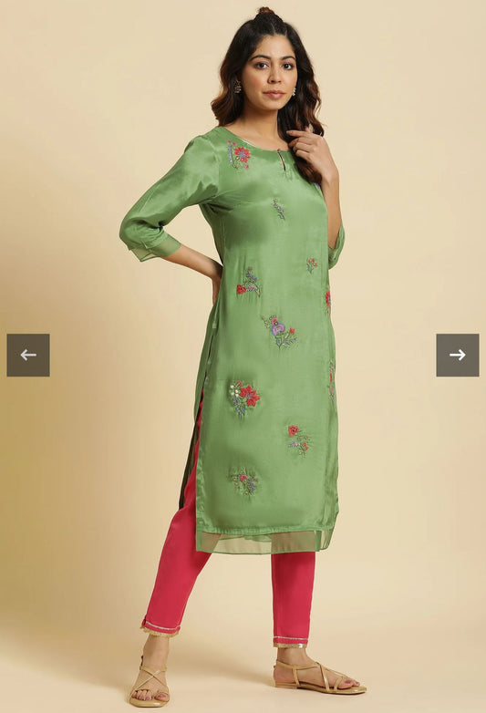 Green Embroidered Shantung Festive Kurta embroidery and fabric detail - Neha Couture Indian Fashion