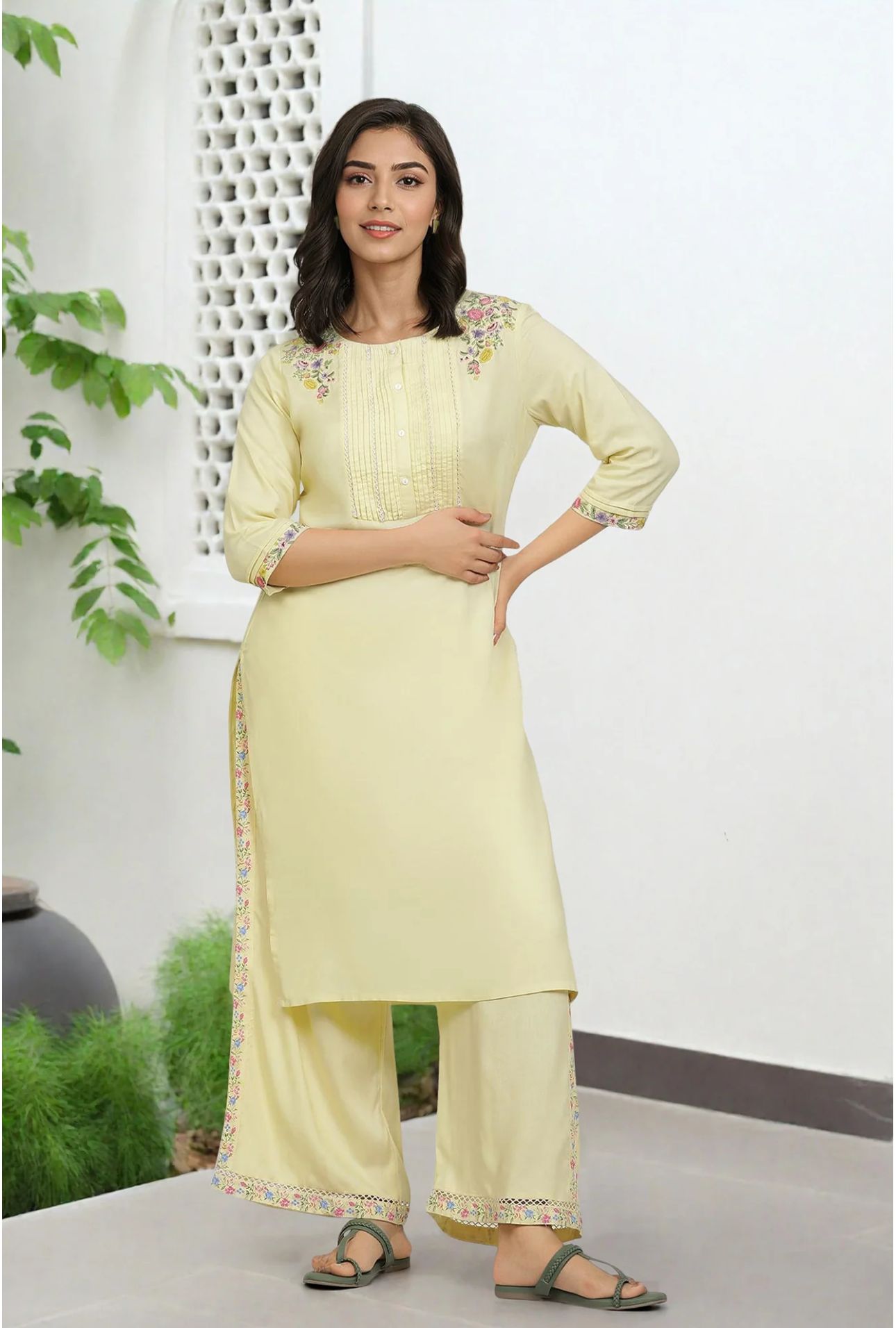 Yellow Embroidered Rayon Straight Kurta in Munich