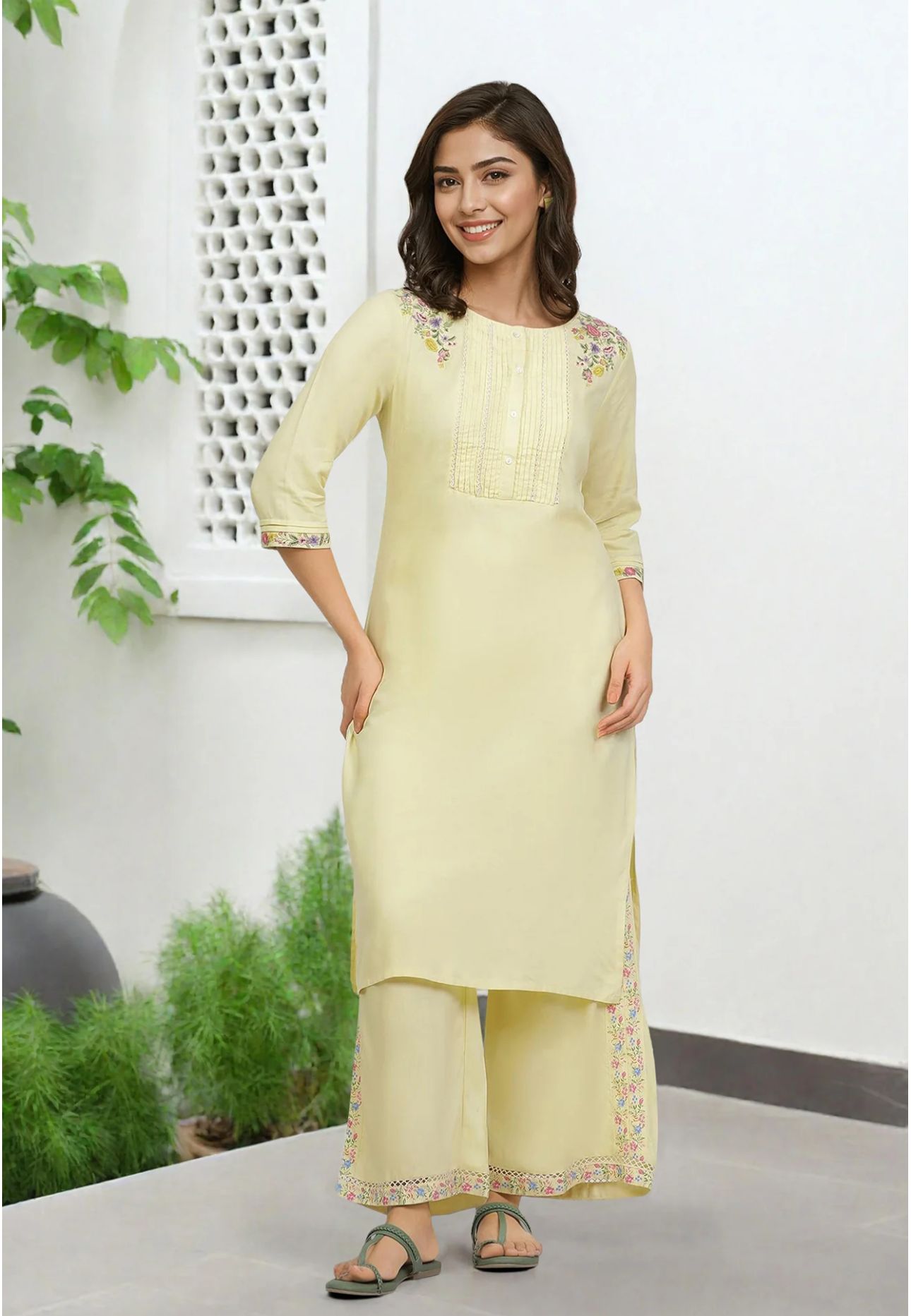 Yellow Embroidered Rayon Straight Kurta in Munich