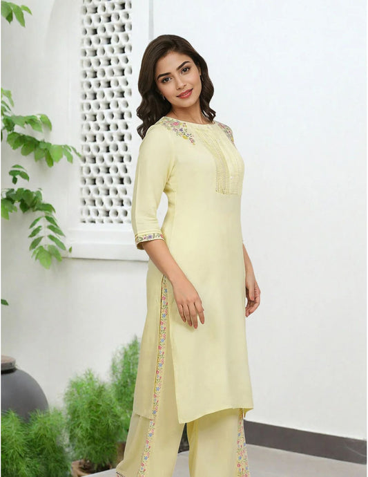 Yellow Embroidered Rayon Straight Kurta embroidery and fabric detail - Neha Couture Indian Fashion