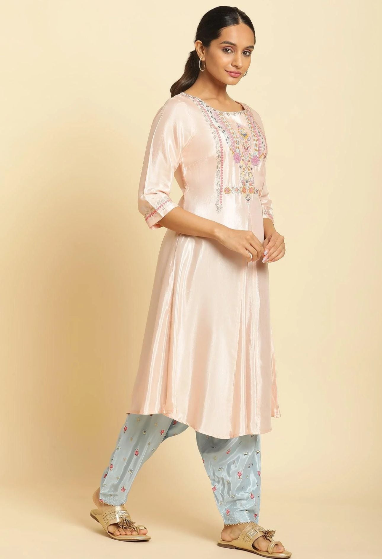 Peach Embroidered Flared Kurta in Munich