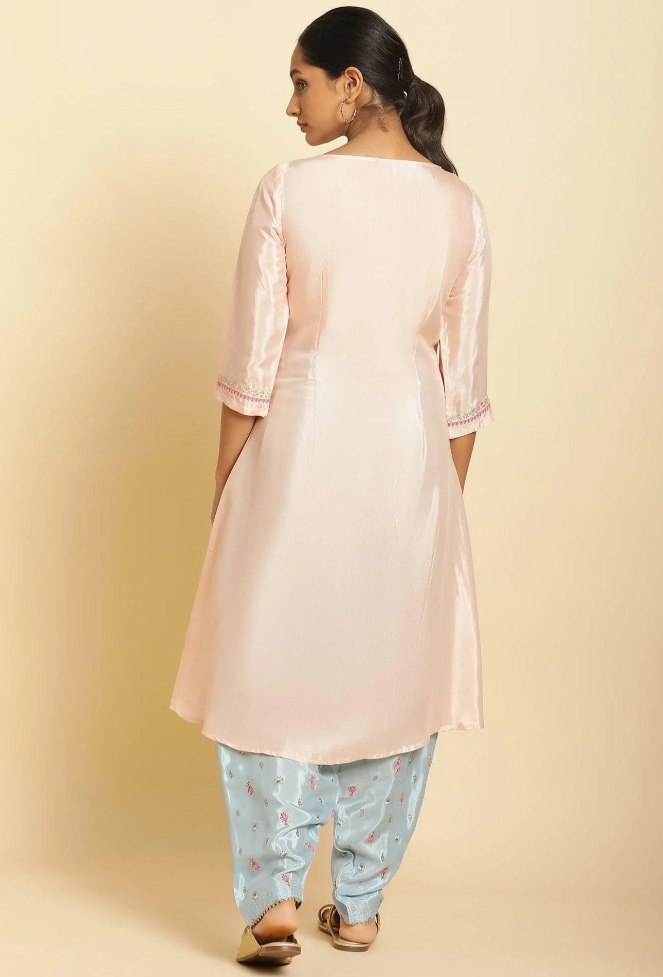 Peach Embroidered Flared Kurta in Munich
