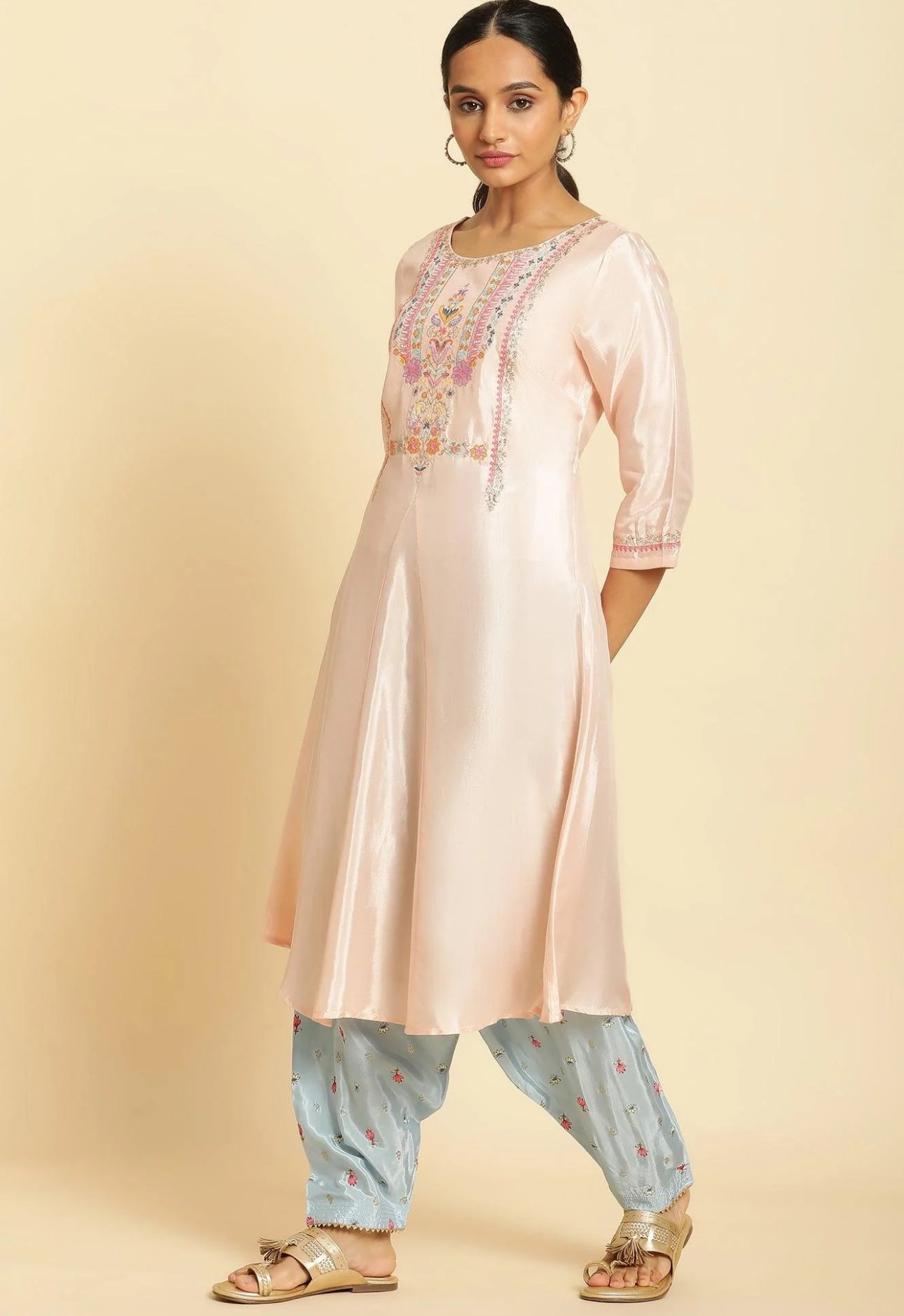 Peach Embroidered Flared Kurta in Munich