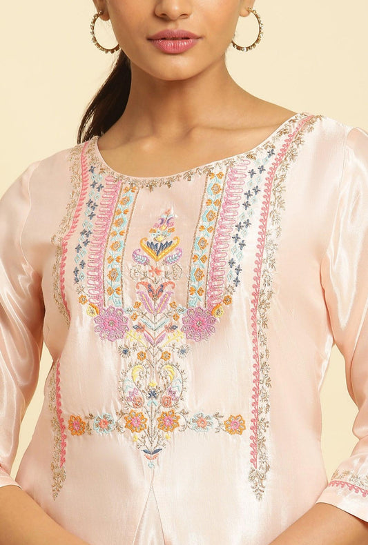 Peach Embroidered Flared Kurta embroidery and fabric detail - Neha Couture Indian Fashion