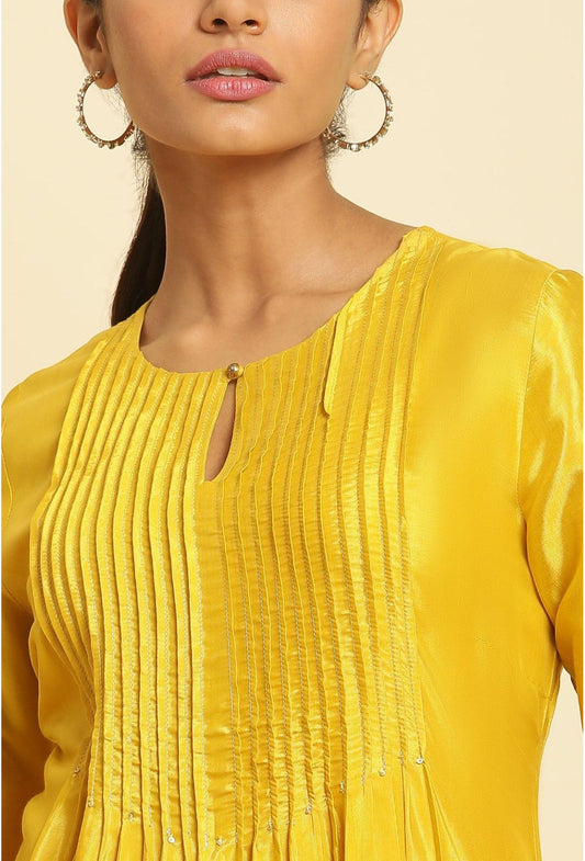Marigold Yellow Embroidered Kurta embroidery and fabric detail - Neha Couture Indian Fashion