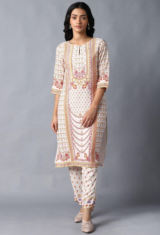 Ecru Round Neck kurta With Multi coloured Floral Print in Germany