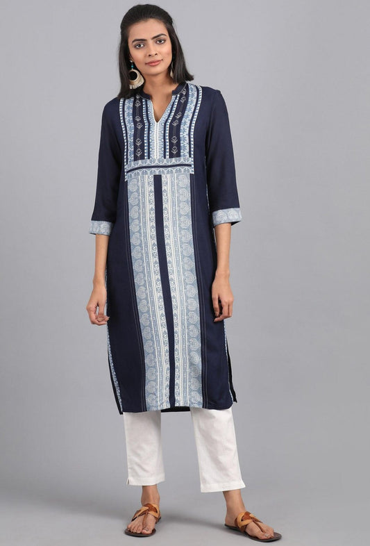 Blue Fusion Booti Geometric Print kurta in Mandarin Neck with Embroidery in Germany