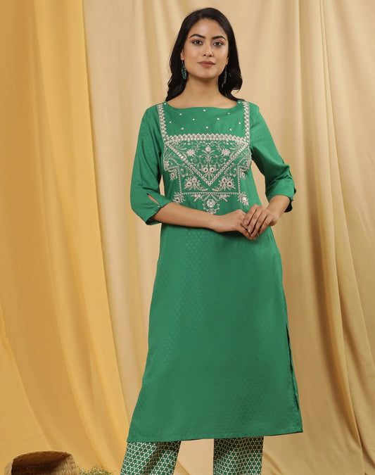 Green Dori Embroidered Straight Kurta in Berlin