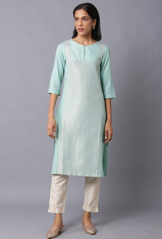 Teal Blue Jacquard kurta With Embroidered Yoke in Munich