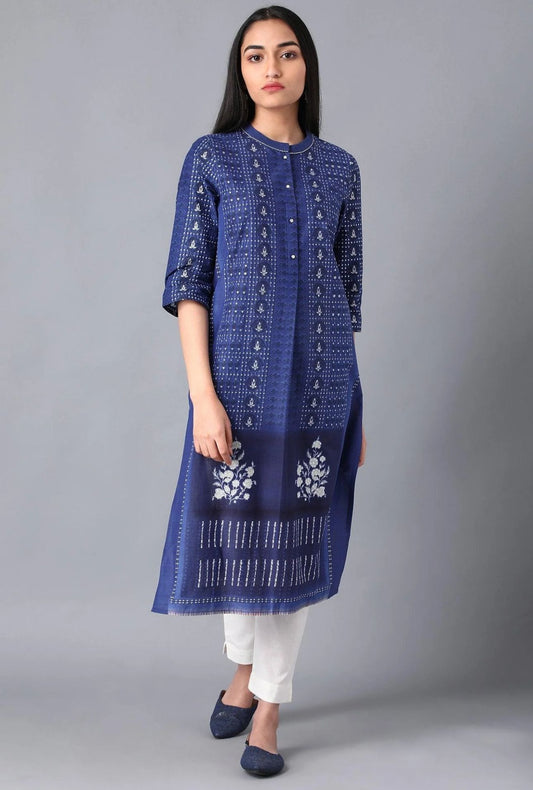 Blue Cotton Printed kurta in Mandarin Collar in Berlin