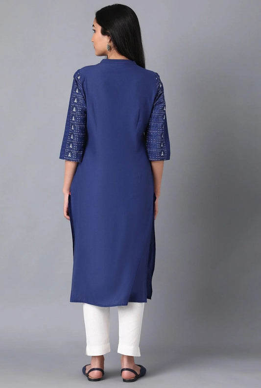 Blue Cotton Printed kurta in Mandarin Collar embroidery and fabric detail - Neha Couture Indian Fashion