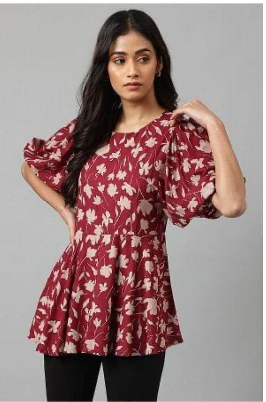 Deep Red Floral Printed Peplum Top in Berlin