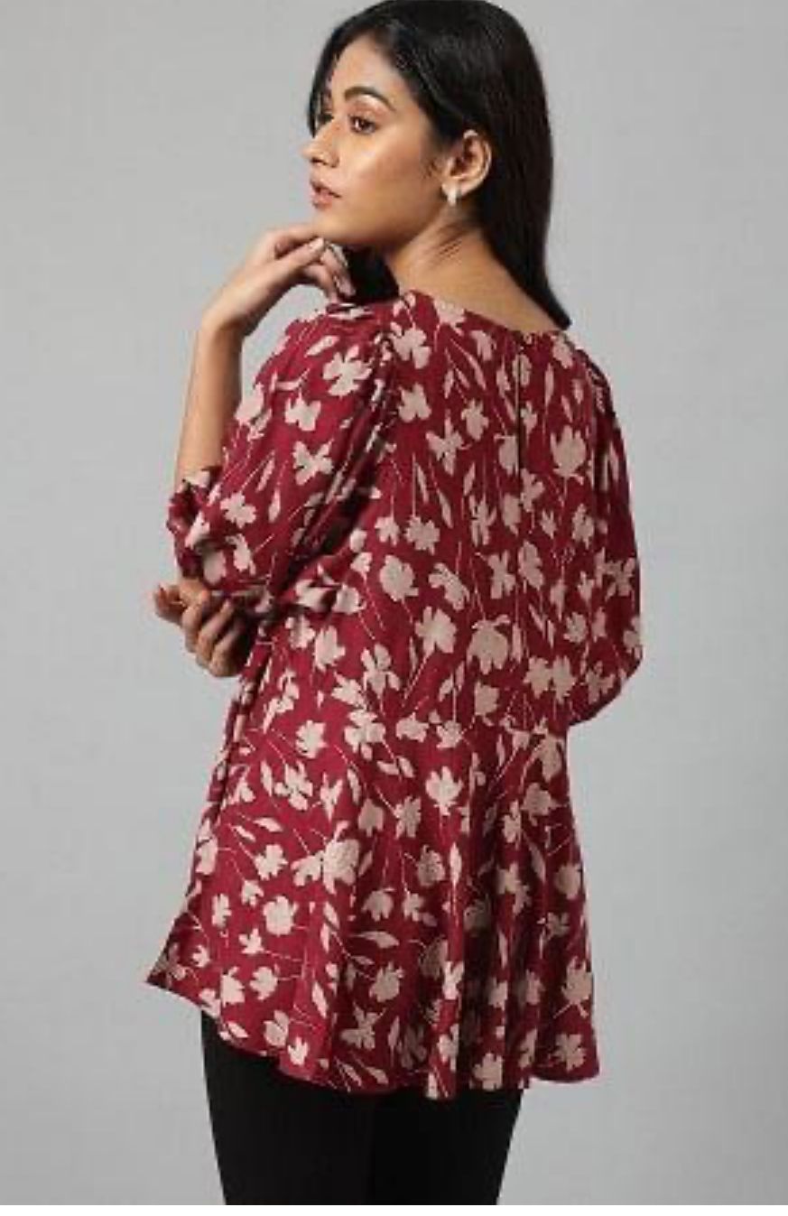 Deep Red Floral Printed Peplum Top in Berlin