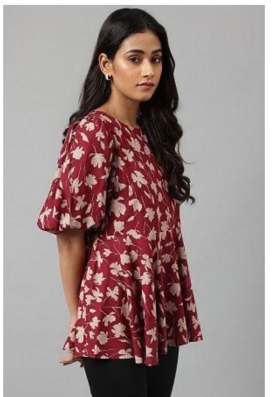 Deep Red Floral Printed Peplum Top in Berlin