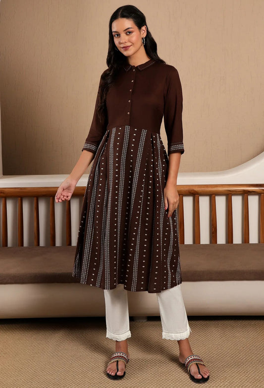 Brown Printed Shirt Collar Flared Kurta With Minimal Thread Work in Germany