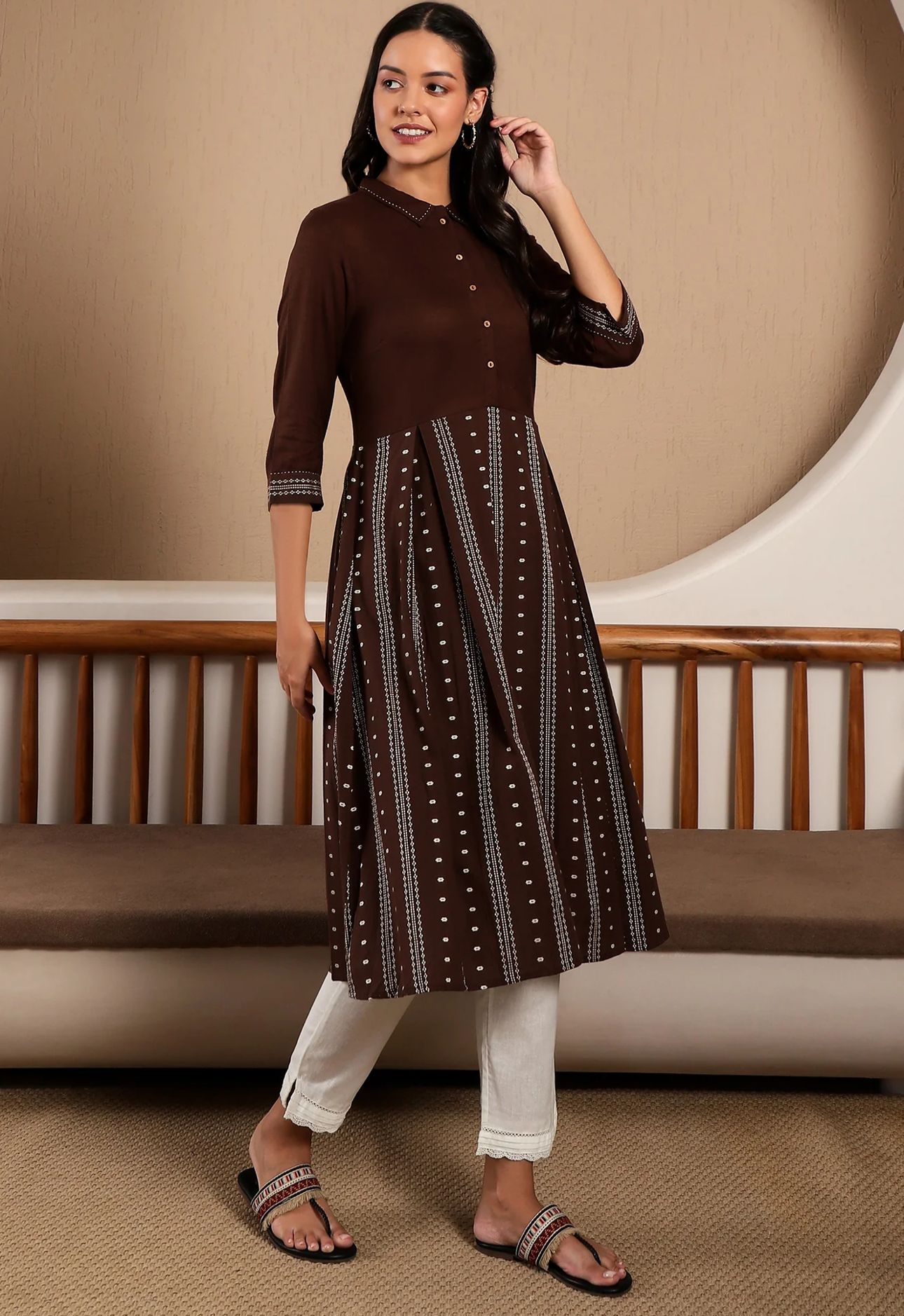 Brown Printed Shirt Collar Flared Kurta With Minimal Thread Work in Germany