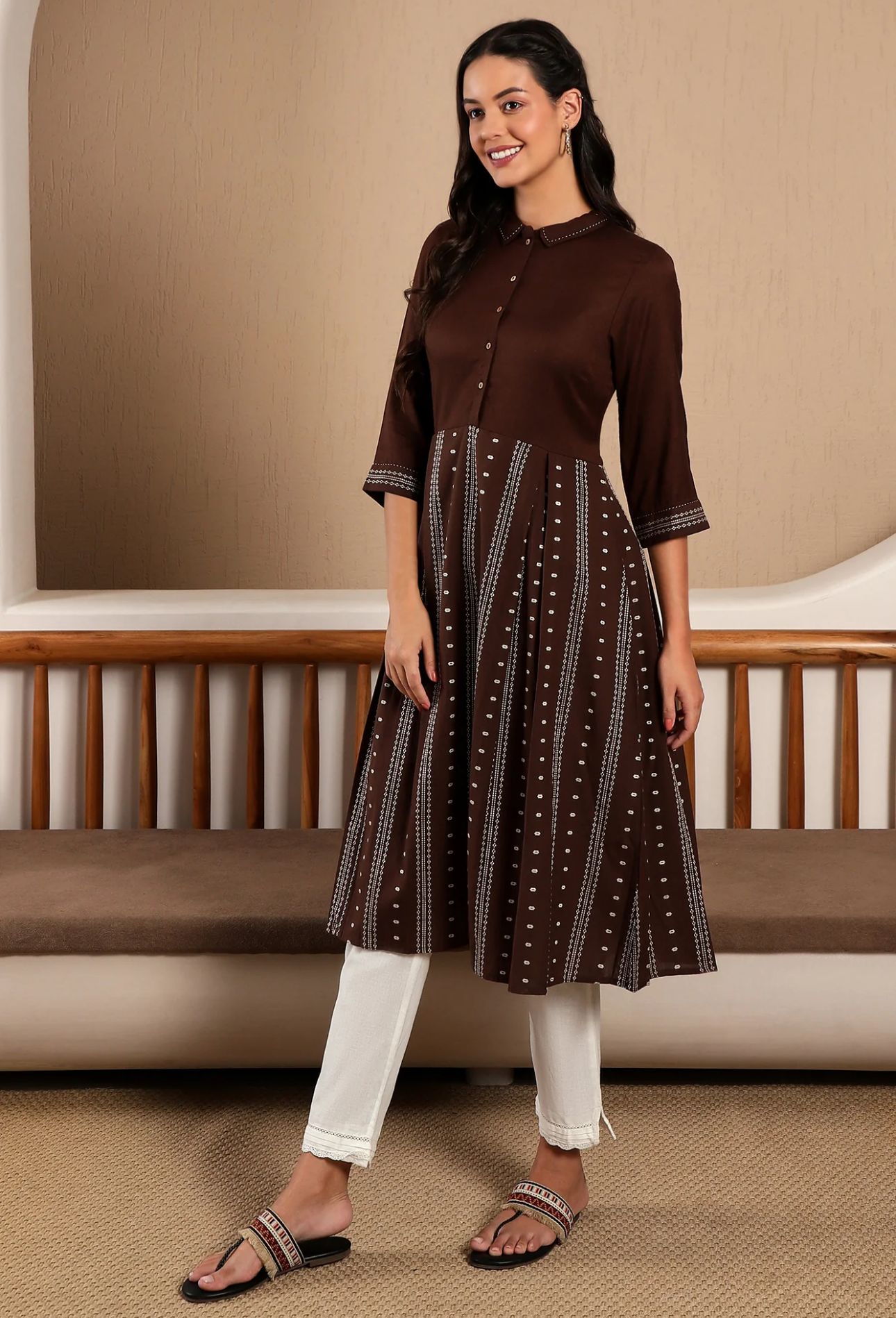 Brown Printed Shirt Collar Flared Kurta With Minimal Thread Work in Germany