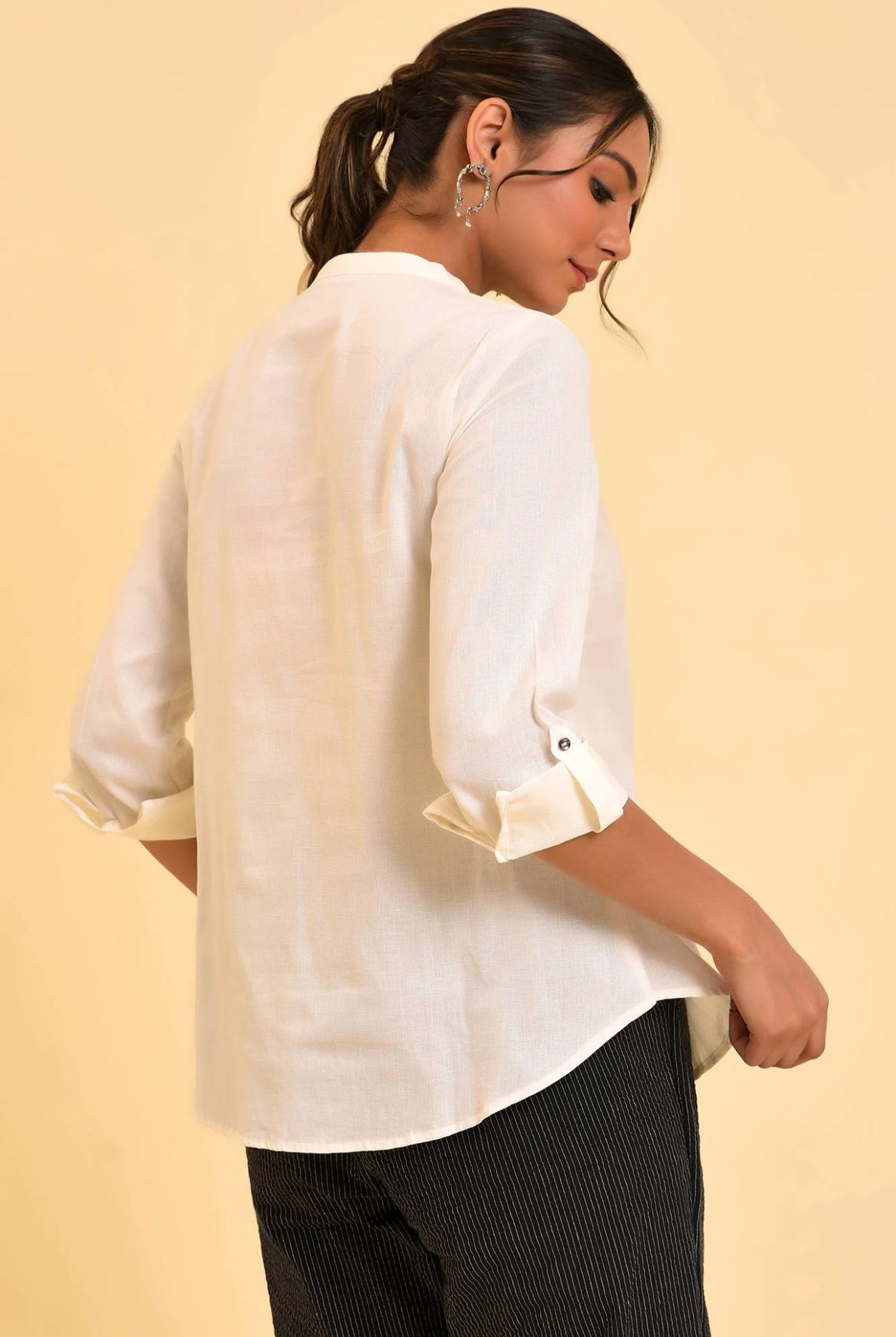 Ecru Cotton Flax Button Down Western Top in Berlin