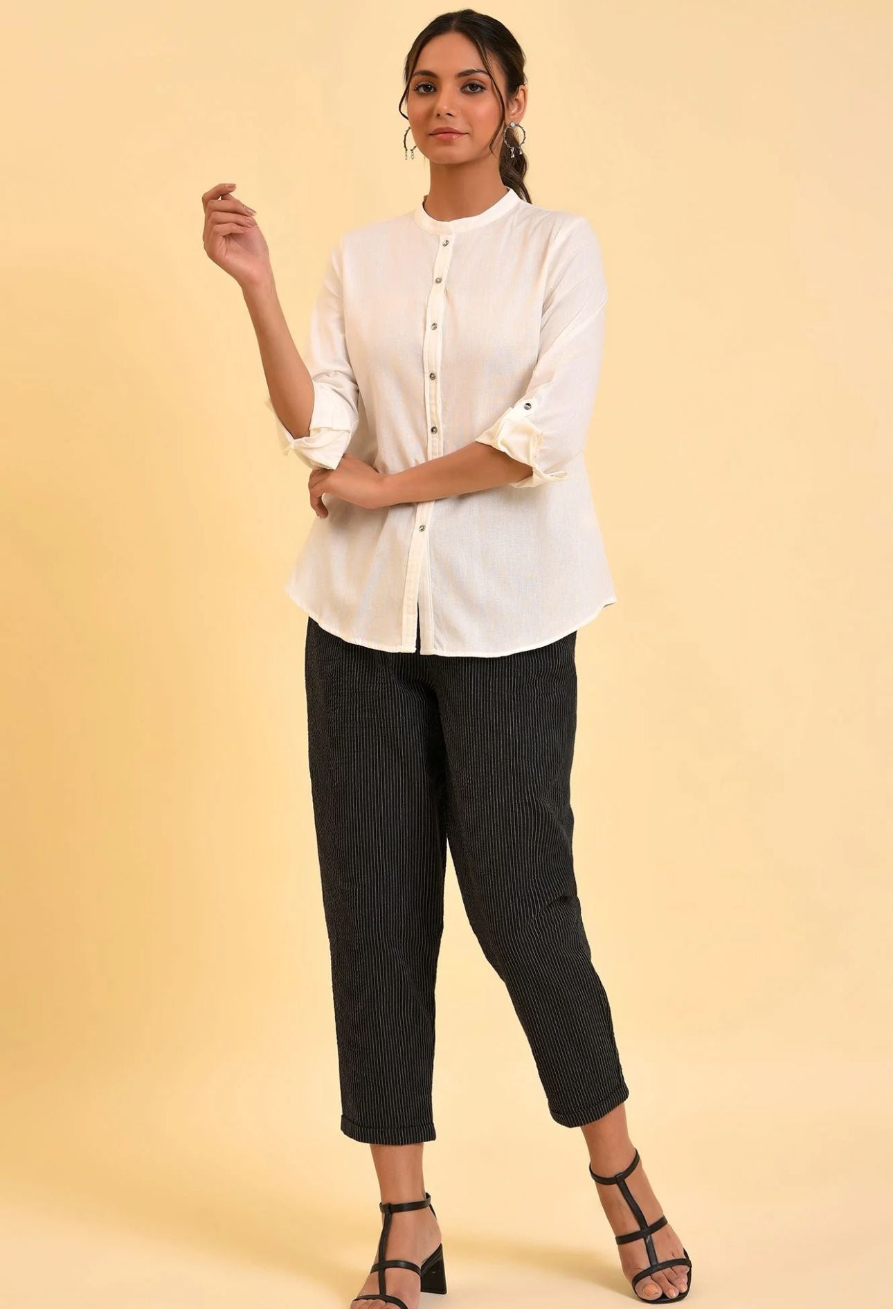 Ecru Cotton Flax Button Down Western Top in Berlin