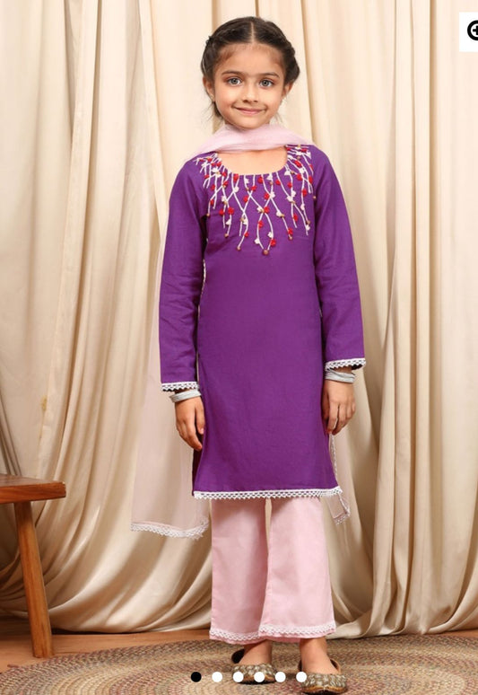 Cotton Full Sleeveless Floral Embroidered Kurta With Palazzo & Dupatta in Germany