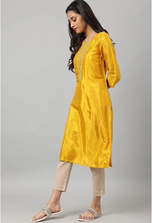 Yellow Embellished Straight Kurta embroidery and fabric detail - Neha Couture Indian Fashion
