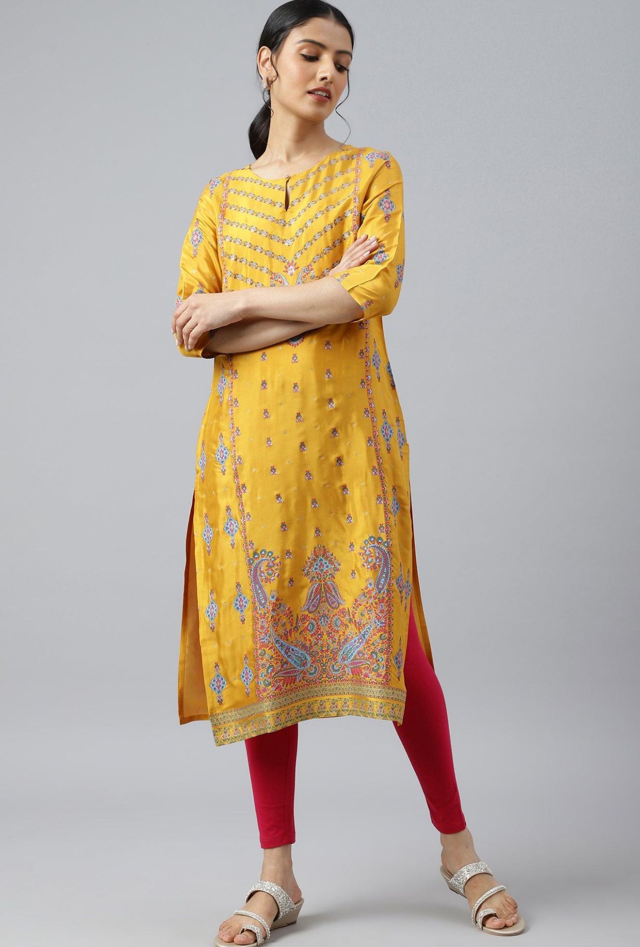 Mustard Glitter Printed Shantung kurta in Germany