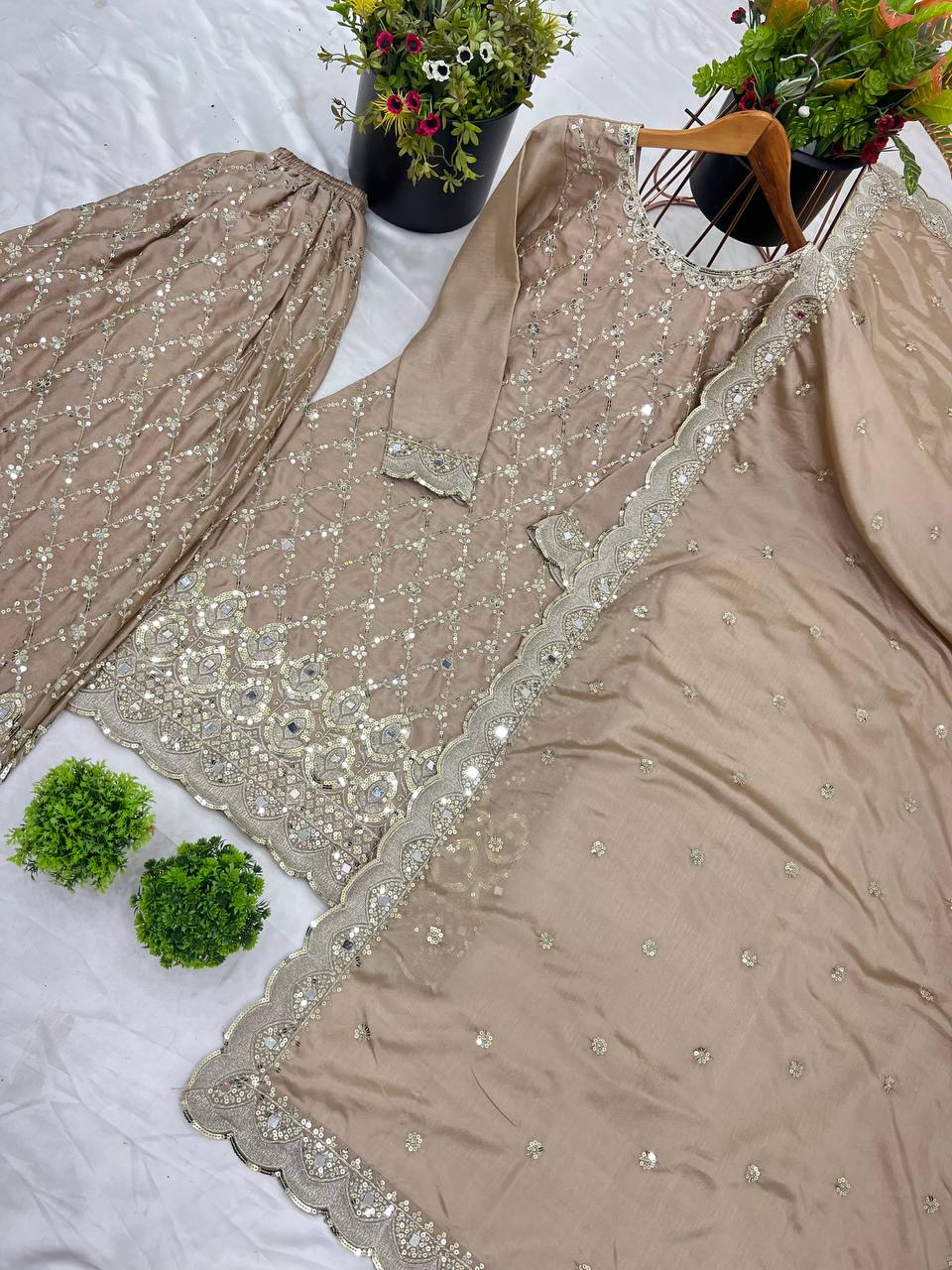 Pure Heavy Chinnon Silk With Heavy Embroidery Sequence Work Suit in Germany