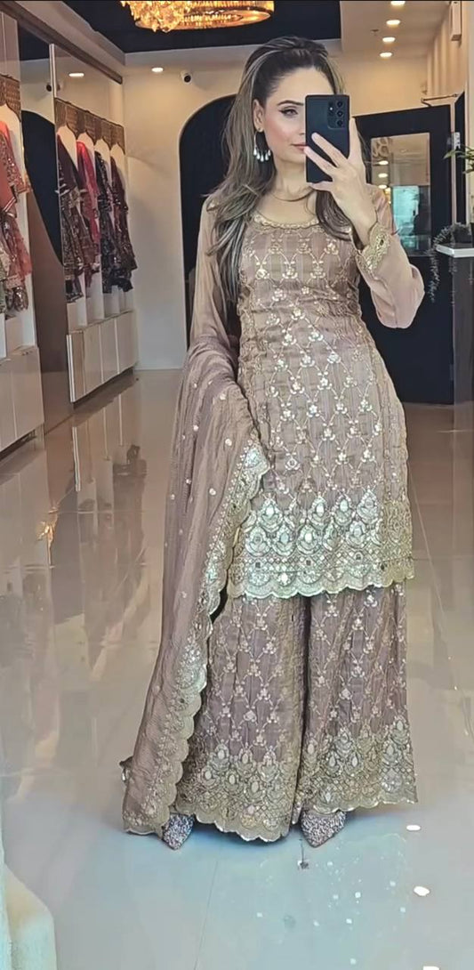 Pure Heavy Chinnon Silk With Heavy Embroidery Sequence Work Suit in Germany