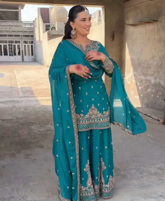 Unique Pure Heavy Chinnon Silk With Embroidery Suit in Munich