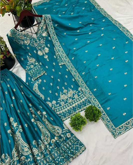 Unique Pure Heavy Chinnon Silk With Embroidery Suit embroidery and fabric detail - Neha Couture Indian Fashion