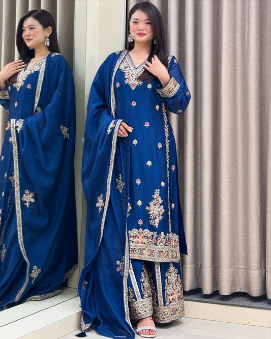 Blue Chinon Silk Embroidery Suit in Germany