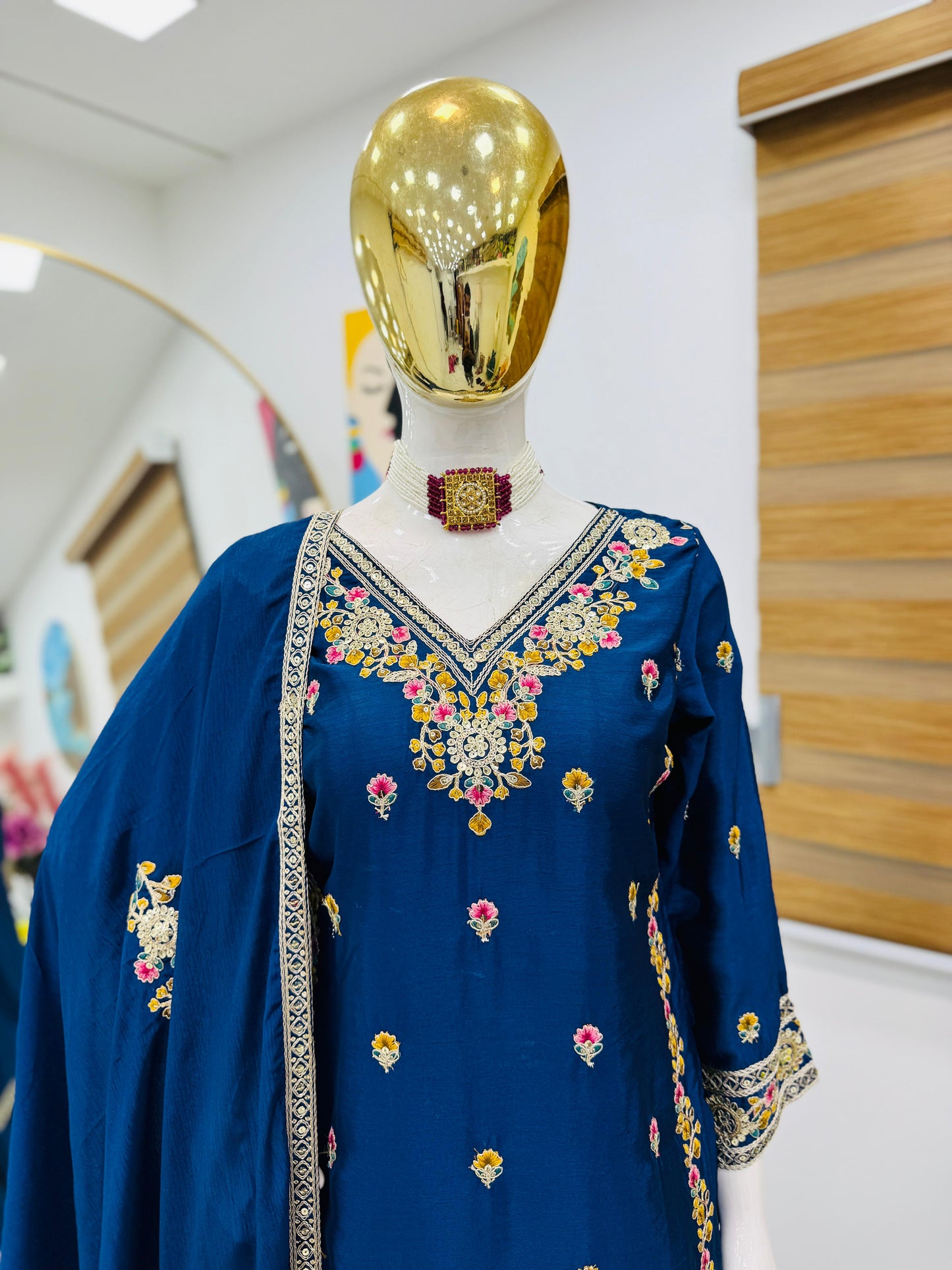 Blue Chinon Silk Embroidery Suit in Germany
