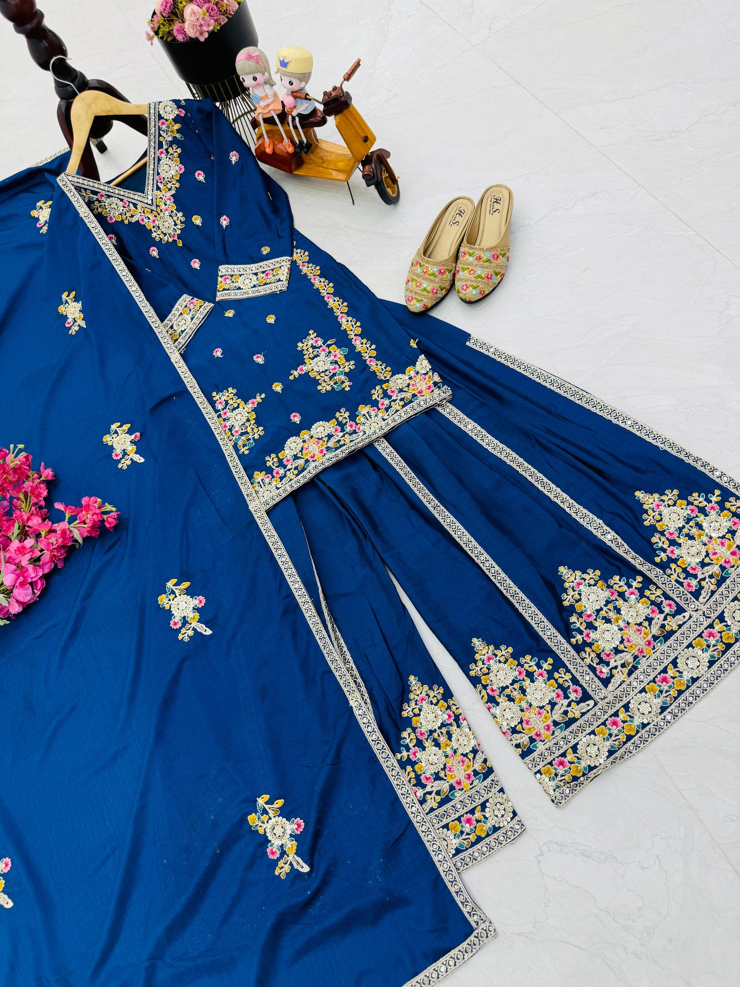 Blue Chinon Silk Embroidery Suit in Germany