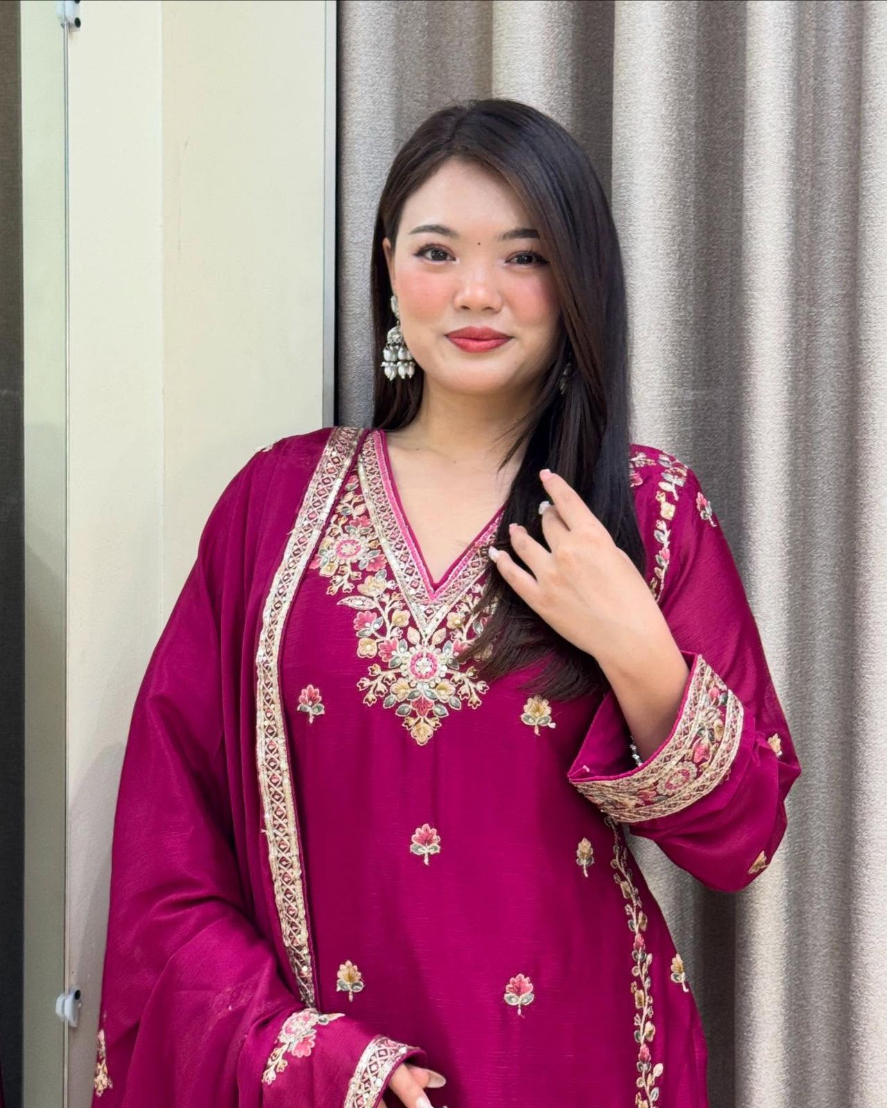 Pink Chinon Silk Embroidery Suit in Germany