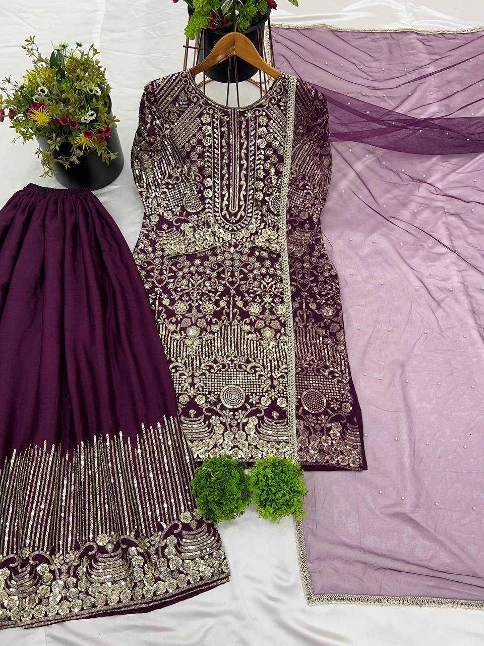 Heavy Pure Chinnon Silk Embroidery Sequence Work With Moti Work With Full Sleeve in Berlin