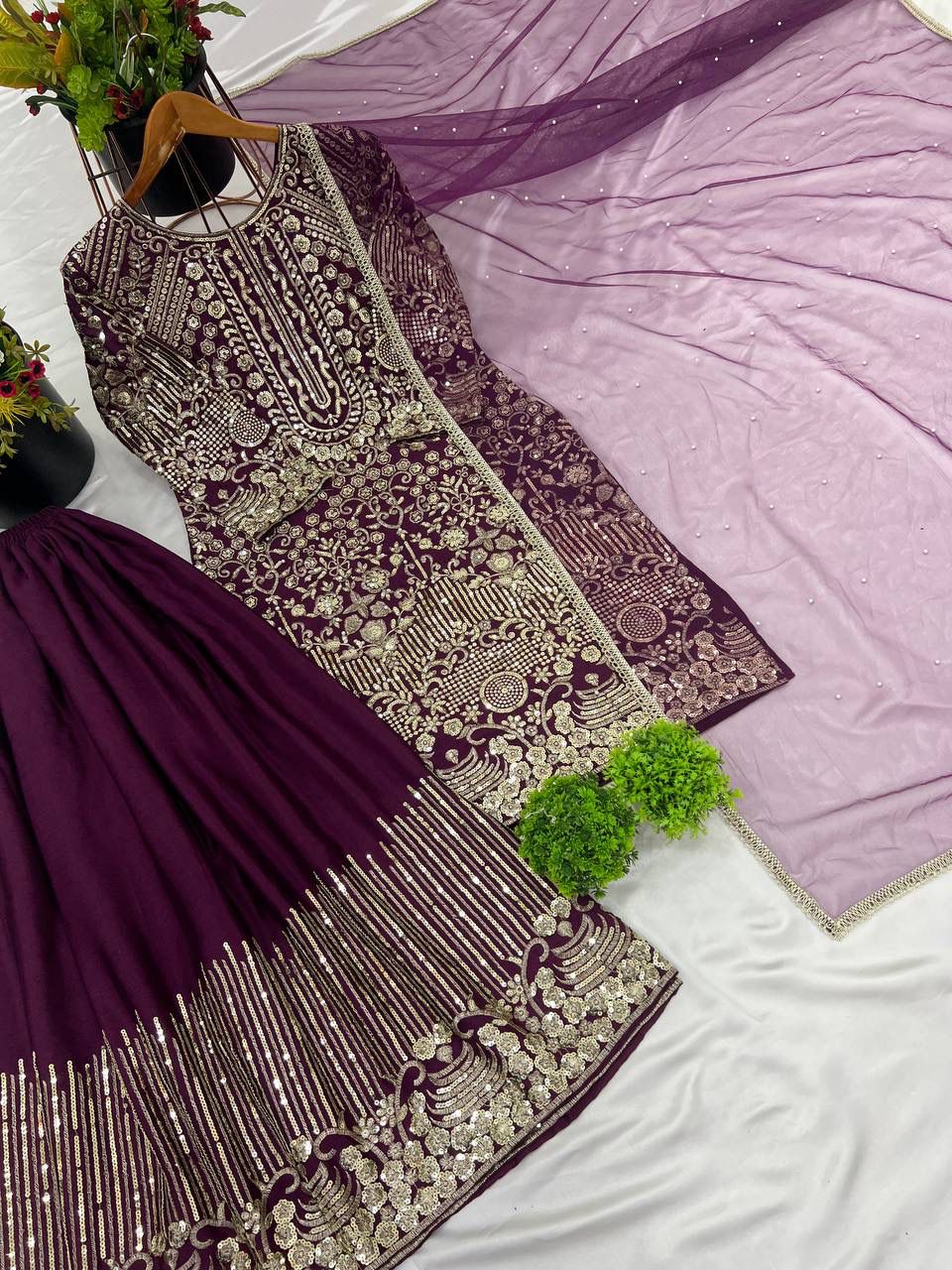 Heavy Pure Chinnon Silk Embroidery Sequence Work With Moti Work With Full Sleeve in Berlin