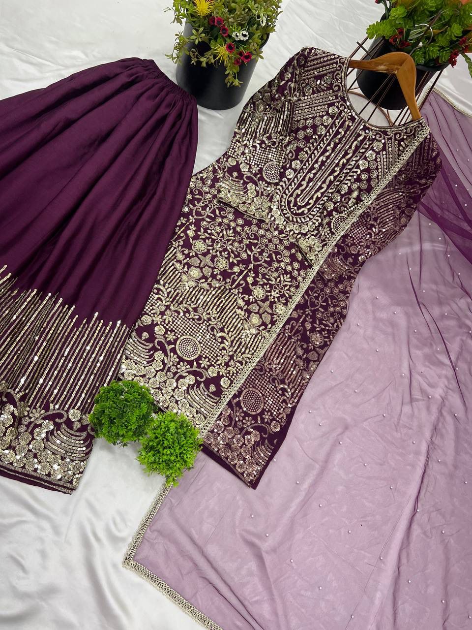 Heavy Pure Chinnon Silk Embroidery Sequence Work With Moti Work With Full Sleeve in Berlin
