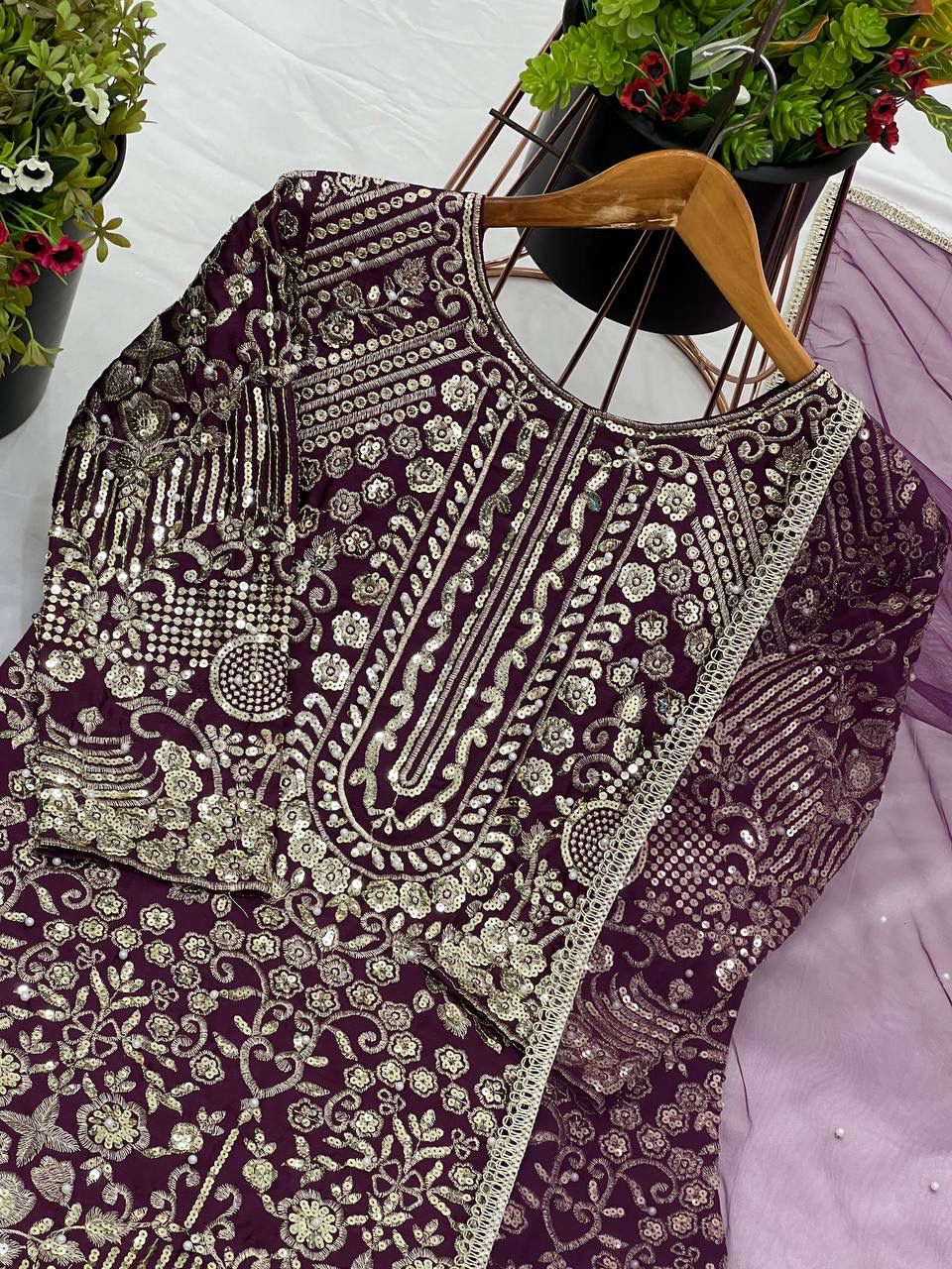 Heavy Pure Chinnon Silk Embroidery Sequence Work With Moti Work With Full Sleeve in Berlin