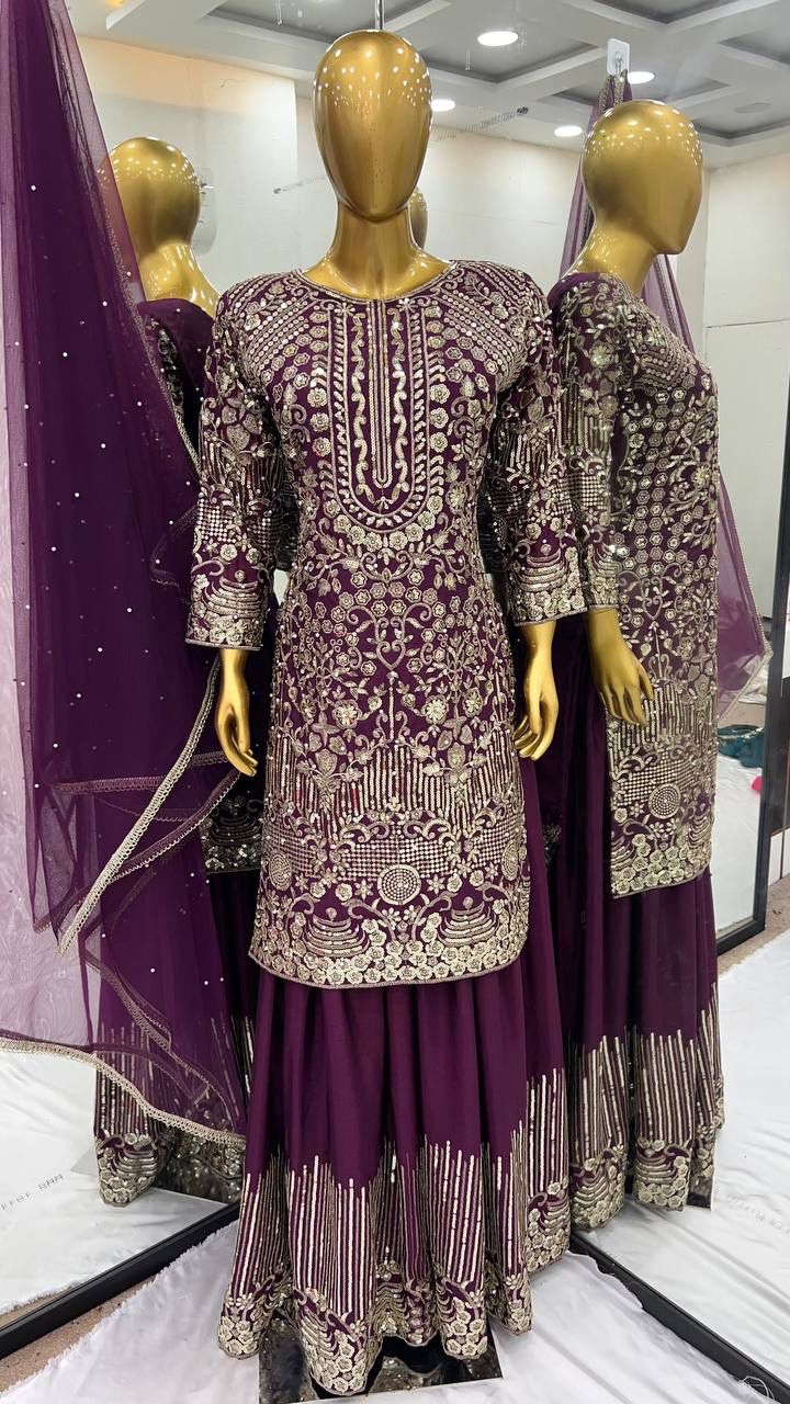 Heavy Pure Chinnon Silk Embroidery Sequence Work With Moti Work With Full Sleeve in Berlin
