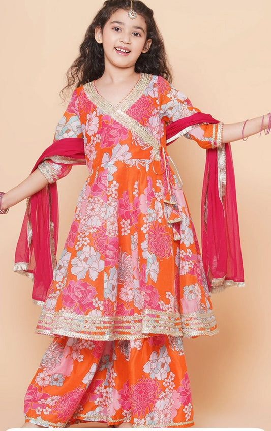 Girls Floral Printed Angrakha Anarkali Kurta & Sharara With Dupatta in Germany