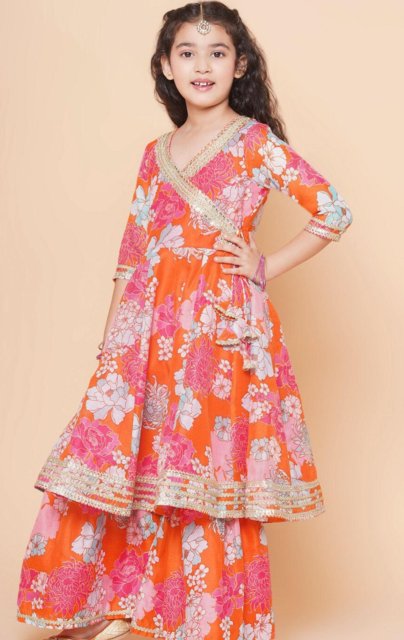Girls Floral Printed Angrakha Anarkali Kurta & Sharara With Dupatta in Germany
