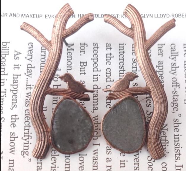 Contemporary Brass Handmade Mother of Pearl Bird Earring in Germany
