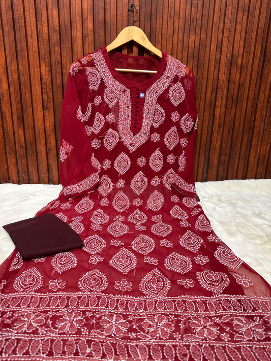 Ethnic Women's Georgette Chikankari Embroidery Straight Kurta embroidery and fabric detail - Neha Couture Indian Fashion